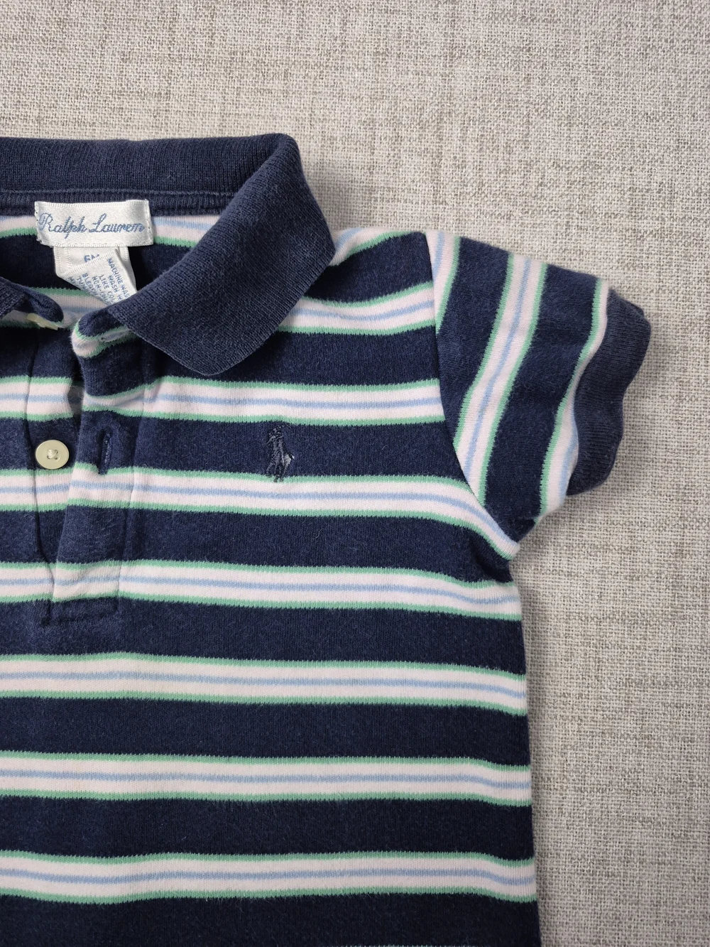Ralph Lauren Baby Boy Striped Polo Romper 6M Navy Green White